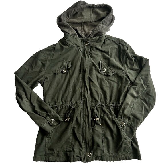 Vanity Hooded Utility Anorak Jacket Pockets Full Zip Olive Green Womens Medium - Picture 2 of 10